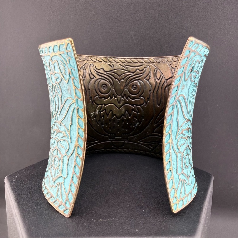 Wide Cuff Turquoise Patina Owl Cuff Bracelet - Picture 7 of 8
